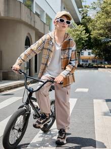 SHEIN Tween Boys Fashion Casual Holiday Letter Plaid Long Sleeve Hoodie Jacket And Cargo Pants Set - Multicolor - View 4
