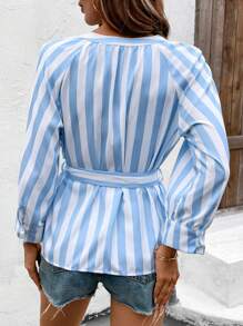 SHEIN LUNE Women Striped Print Long Sleeve Tie Front Blouse - Blue - View 2
