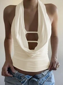 INAWLY 1pc Women's Solid Color Draped Neck Backless Camisole Top, Summer - Apricot - View 1