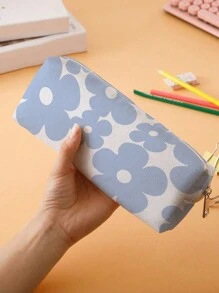 1pc Flower Print Pencil Case - Blue and White - View 2