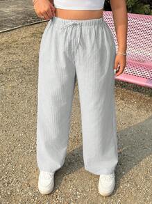 SHEIN EZwear Plus Size Women Drawstring Waist Striped Casual Vacation Straight Pants - Coffee Brown - View 5