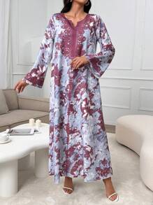 Al Najma Women's Vintage Print Long Sleeve Arabian Dress Kaftan Jalabiya Dress