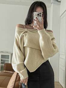 DAZY 2pcs Women's Solid Color Asymmetric Camisole And Pullover Sweater Set,Fall Clothes