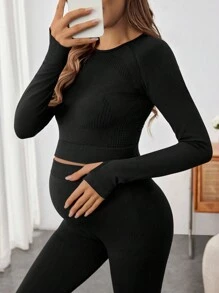 SHEIN Maternity Round Neck Long Sleeve Fitted Casual Solid Color Pullover - Black - View 1