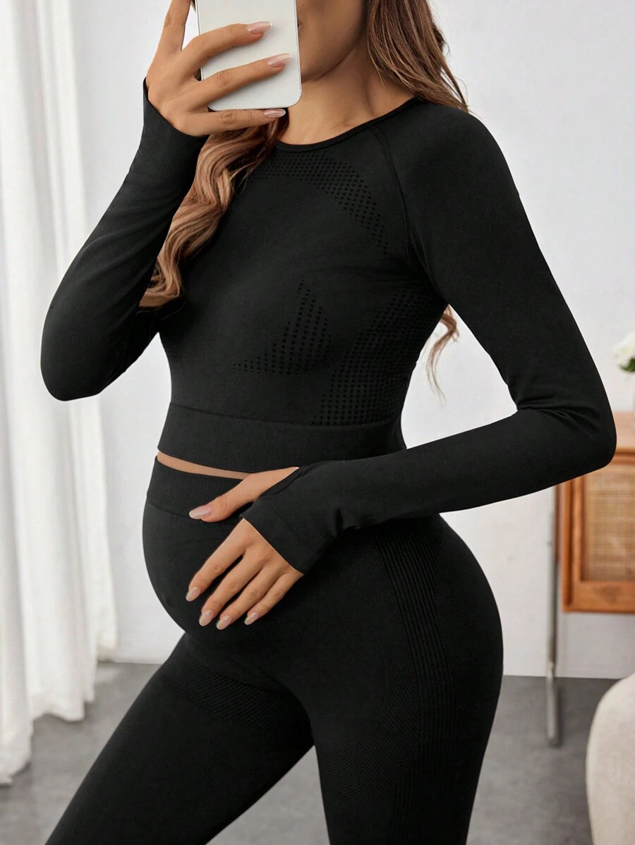 SHEIN Maternity Round Neck Long Sleeve Fitted Casual Solid Color Pullover - Black - View 1