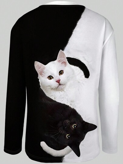 SHEIN EZwear Women's Spring Summer Casual Crew Neck Cat Print Color Block Long Sleeve T-Shirt