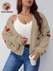 Flirla Plus Size Cherry Print Casual Loose Style Knit Cardigan, Long Sleeve - Khaki - View 1
