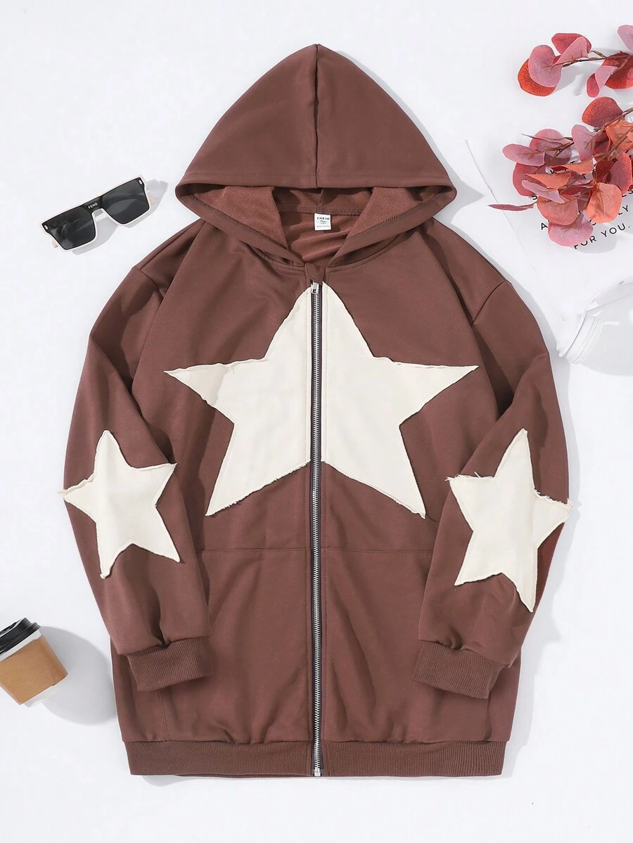 SHEIN Sudadera con capucha, manga larga y cremallera con estampado de pentagrama para niña adolescente - Café integral - Ver 1