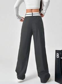 SHEIN EZwear Colorblock Asymmetrical Waist Straight Pants - Grey - View 2