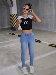 Teen Girl Y2K Elastic Waist Insert Pocket Denim Stretch Pants, Fall Back To School Cute - Light Wash - View 5