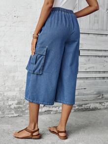 SHEIN LUNE Quần jean thẳng màu trơn đơn giản hàng ngày của phụ nữ - Màu xanh lam - Xem 2