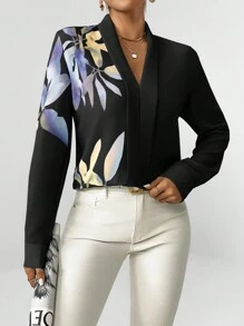 SHEIN Clasi Áo cánh dài tay họa tiết thực vật thanh lịch cỡ lớn cho nữ mùa thu & mùa thu - màu đen - Xem 6