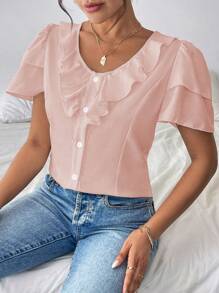 Chiquease Blusa con ribete de volantes y botones delanteros para uso diario - Rosa Pálido - Ver 3