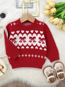 Elegant & Cute Christmas Red Sweater For Infants & Toddlers, Round Neck Long Sleeve Featuring Lovely Heart & Bow Knit Design, Fashionable & Practical Daily Wear - Red - View 4