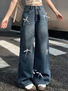 DAZY Quần denim nữ có nơ trang trí thông thường - Màu xanh lam - Xem 4