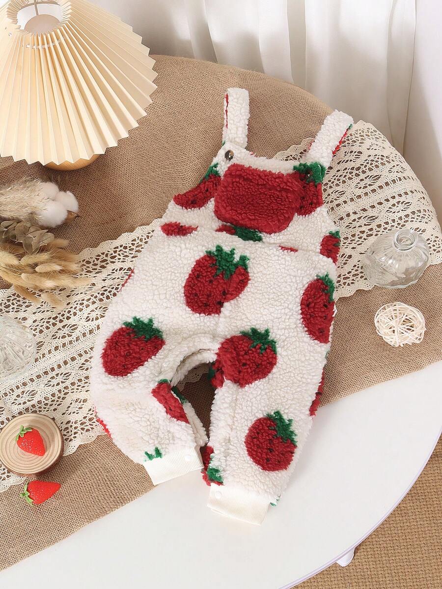Cute And Versatile Strawberry Flannel Overalls Jumpsuit For Baby Girls In Fall And Winter - Multicolor - View 1
