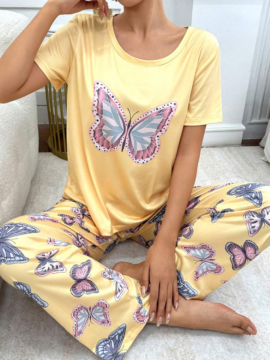 Butterfly Printed Short Sleeve Pajama Set - Yellow - View 1