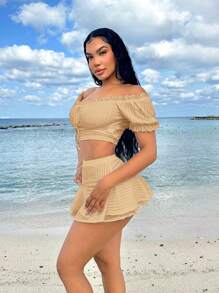 SHEIN SXY Conjunto de 2 piezas de vestimenta de vacaciones de princesa con mangas abullonadas y volantes, blanco, para vacaciones de verano para mujeres