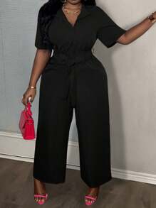 Slaydiva Mono liso con cinturón, media abertura delantera, para mujer, de largo, para fiesta y uso casual elegante - Negro - Ver 1