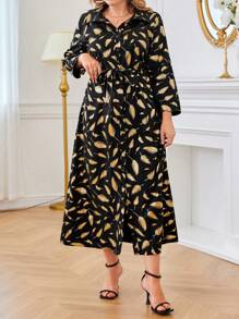 大码春秋休闲树叶印花纽扣衬衫裙