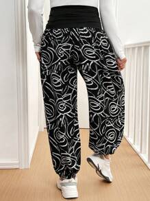 SHEIN VCAY Plus Size Print & Solid Color Patchwork Elastic Waist Loose Harem Pants - Multicolor - View 3