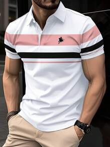 Manfinity Mode 男士短袖Polo衫，休闲夏季商务拼色印花精致骑行刺绣标志短袖领Polo衫，老公出门穿