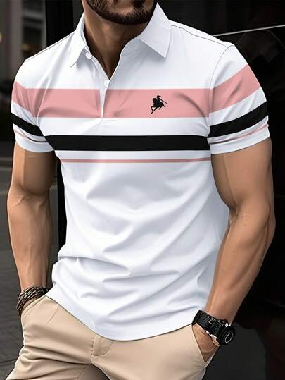 Manfinity Mode 男士短袖Polo衫，休闲夏季商务拼色印花精致骑行刺绣标志短袖领Polo衫，老公出门穿