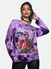 Freeman Studio Artist Women's Loose Fit Graphic Printed Crew Neck Long Sleeve T-Shirt In Halloween, Y2K, Streetwear, Dark Casual Styles, Women Tee, For Holiday, Vacation, Festival, Ibiza Fits, Western Wear - Multicolor - View 4
