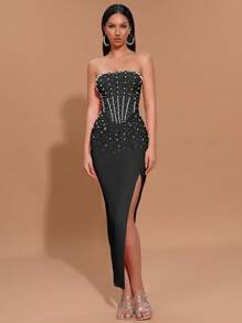 Modphy Robe longue élégante pour femmes, bleu clair, sexy, à encolure dégagée, ornée de perles, moulante avec fente haute, pour soirée