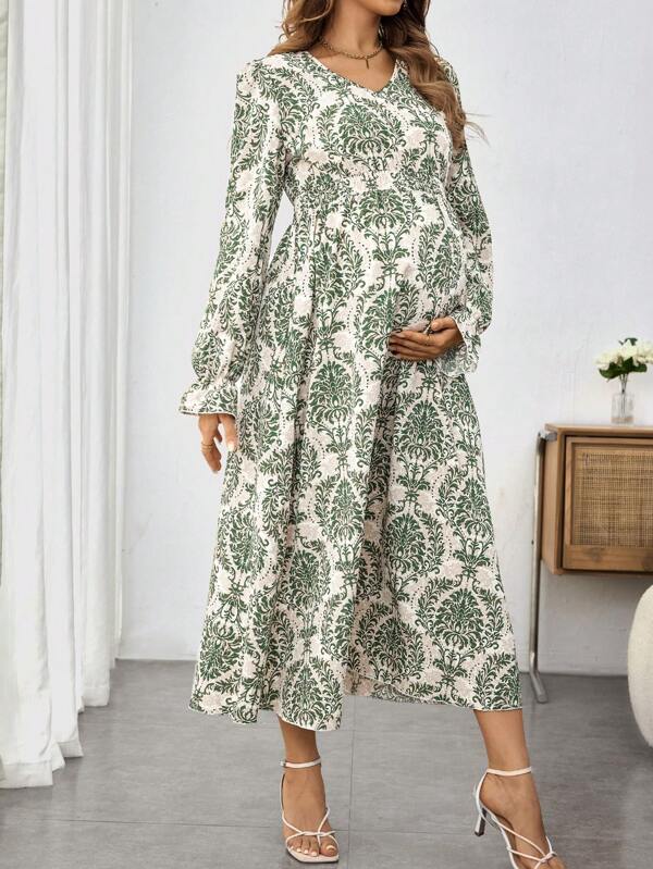 SHEIN Vintage Floral Printed Long Sleeve Maternity Dress