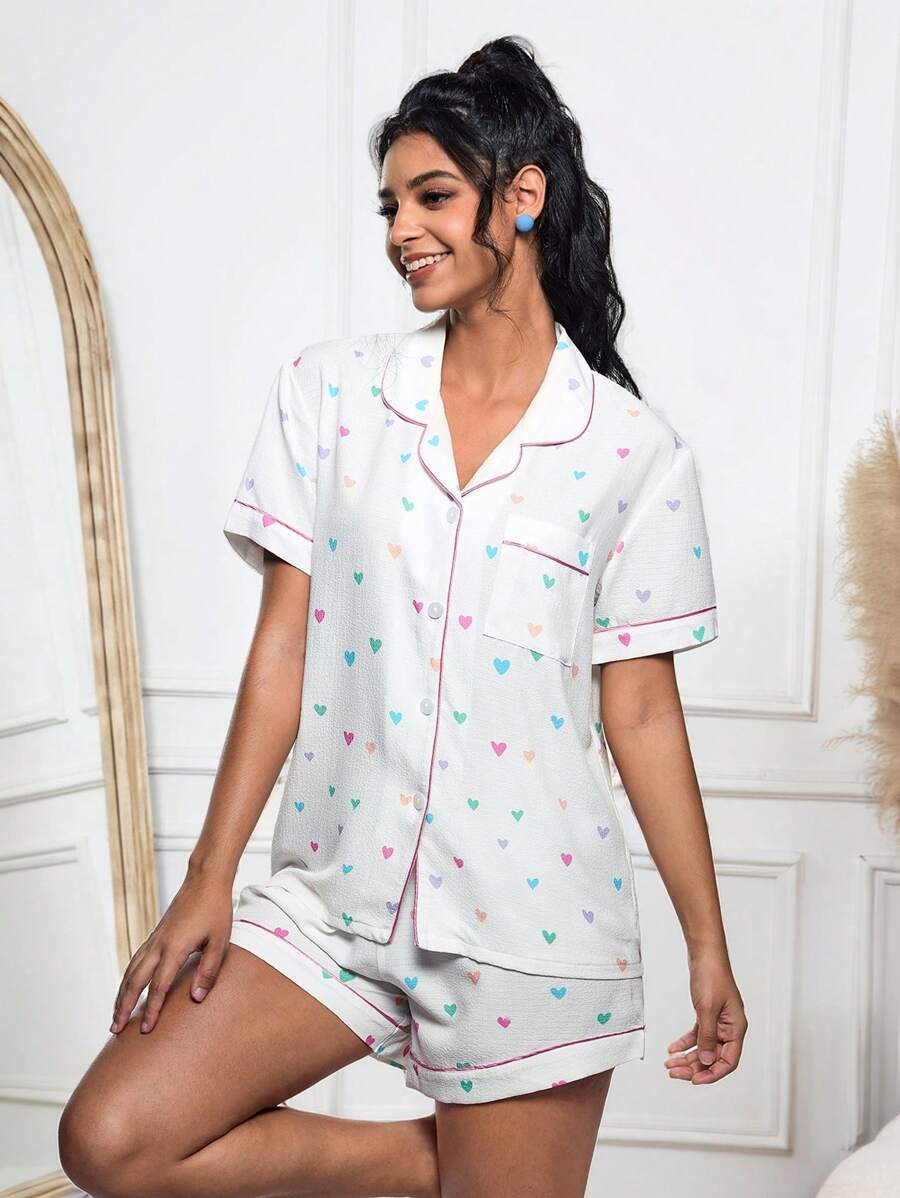 Maryam Alam Artist 2pcs Women Heart Print Short Sleeve Top And Casual Comfy Shorts Pajama Set, For Summer, Holiday, Going Out
