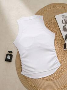 Chiquease Women Solid Color Pleated Round Neck Sleeveless Top For Summer - White - View 3