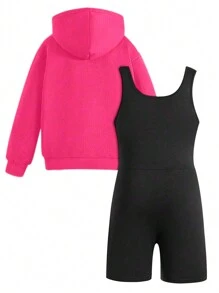Teen Girls 2pcs/Set Fruit & Letter Print Hooded Sweatshirt And Solid Color Sleeveless Jumpsuit Casual Outfit - Hot Pink - View 2