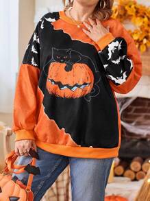 Plus Size Crew Neck Long Sleeve Colorblock Halloween Graphic Loose Pullover Sweatshirt Fall Winter Autumn - Multicolor - View 6