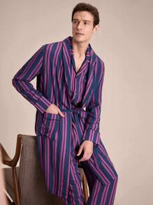 EverLounge Men's Striped Print Pocketed Front Button Belted Long Sleeve Robe - Multicolor - View 4