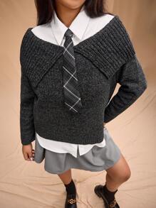 Forever 21 大码撞色翻领休闲长袖毛衣 - 深灰色 - 查看 4