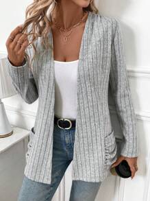 SHEIN Clasi 女式纯色前开口袋加厚保暖大衣，秋冬款 - 灰色 - 查看 1