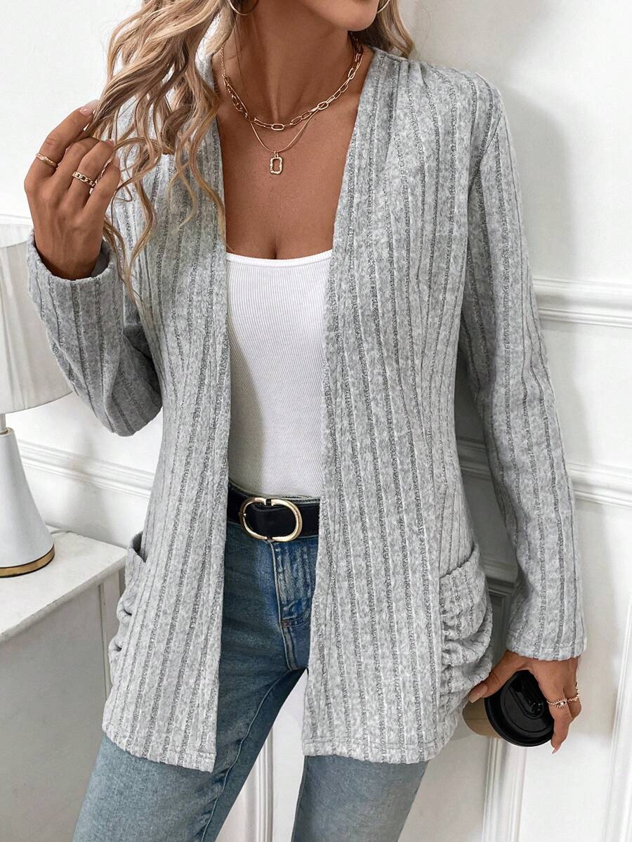 SHEIN Clasi 女式纯色前开口袋加厚保暖大衣,秋冬款 - 灰色 - 查看 1