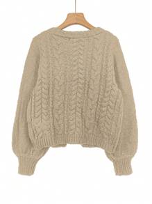 SHEIN Unity Women's Deep V-Neck Tied Long Sleeve Solid Color Minimalist Textured Cardigan,Long Sleeve Tops - Khaki - View 2