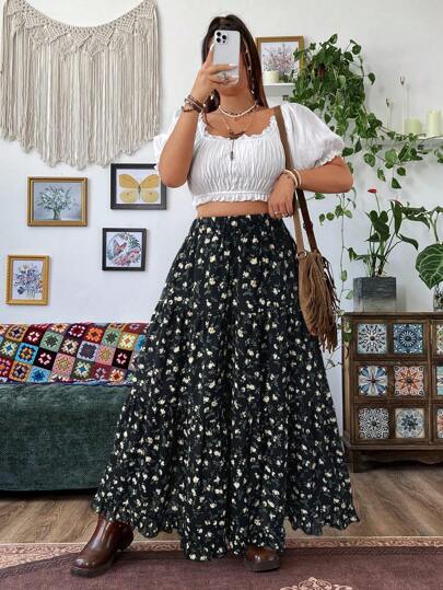 Sunspun Plus Size Women Elegant Floral Print Skirt Maxi Vacation Beach Fall For Women