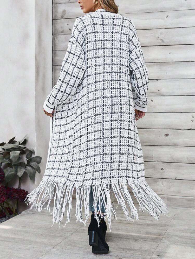 Women's Plaid Fringe Trim Long Sleeve Cardigan