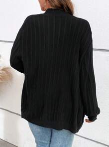 SHEIN LUNE 大码简约圆下摆口袋设计针织开衫，冬季 - 黑色 - 查看 2