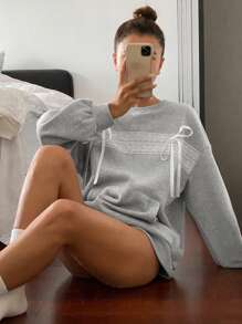 DAZY Women Casual Lace Patchwork Ribbon Decor Sweatshirt,Fall Clothes - Grey - View 7