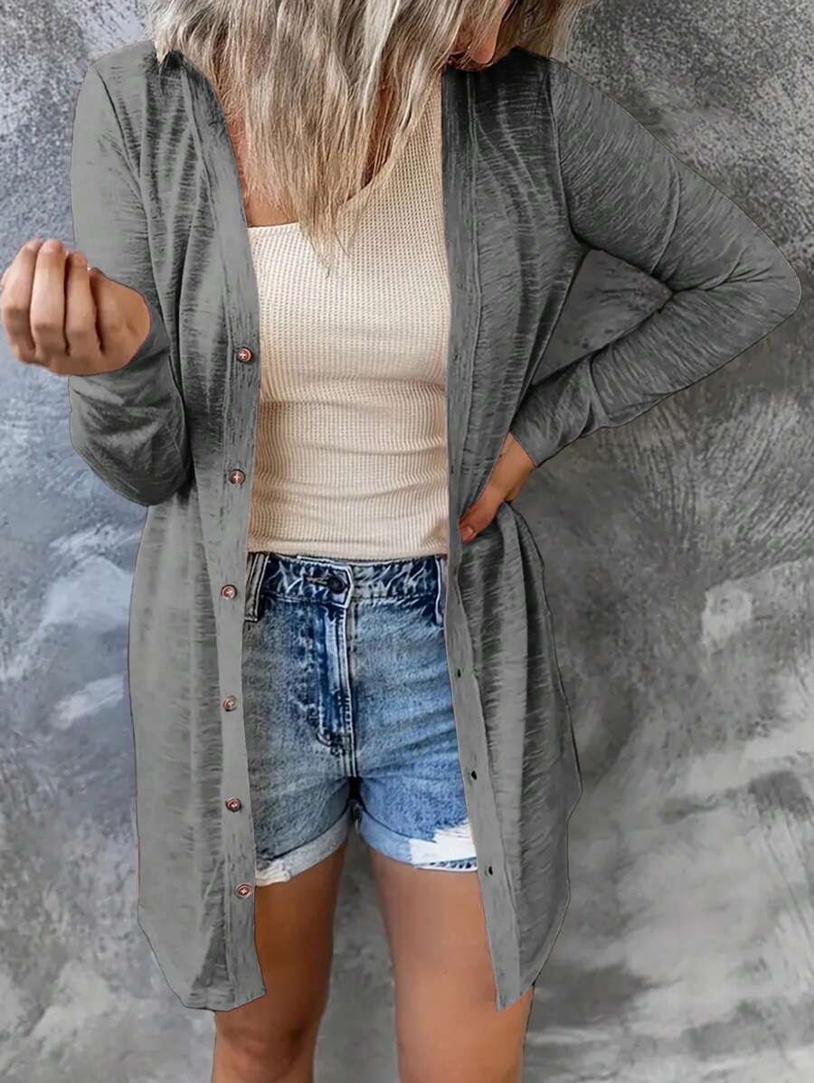 INAWLY Mantel für Damen Große Größen, langärmlig, einfarbig, einzelne Knopfleiste, lässig für Frühling und Herbst - Dunkelgrau - Übersicht 1