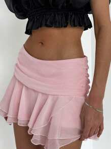 Aloruh Ultra Low Waist Ruffled Multi-Layer Flouncy Elegant Pink Mini Skirt With Textural Chiffon Fabric - Baby Pink - View 6