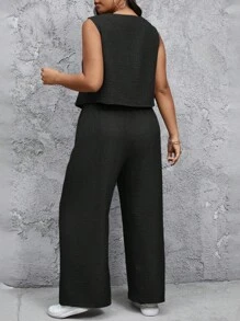 SHEIN Frenchy 2pcs Plus Size V-Neck Sleeveless Vest And Straight Leg Casual Pants Set