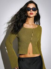 Poéselle Women's Green Round Neck Button Long Sleeve Cutoff Funky Cardigan, Green Pullover Knit, Green Plush Fabric, Soft Feeling, Comfortable To Wear, Hem Slit, Suitable For Fall And Winter Season, Fall And Winter Season, Comfortable And Warm, Can Also Be Worn In Simple And Fashionable, Y2K Style, Siren Office, Suitable For Everyday Street, Commuting, Home, Holiday Wearing