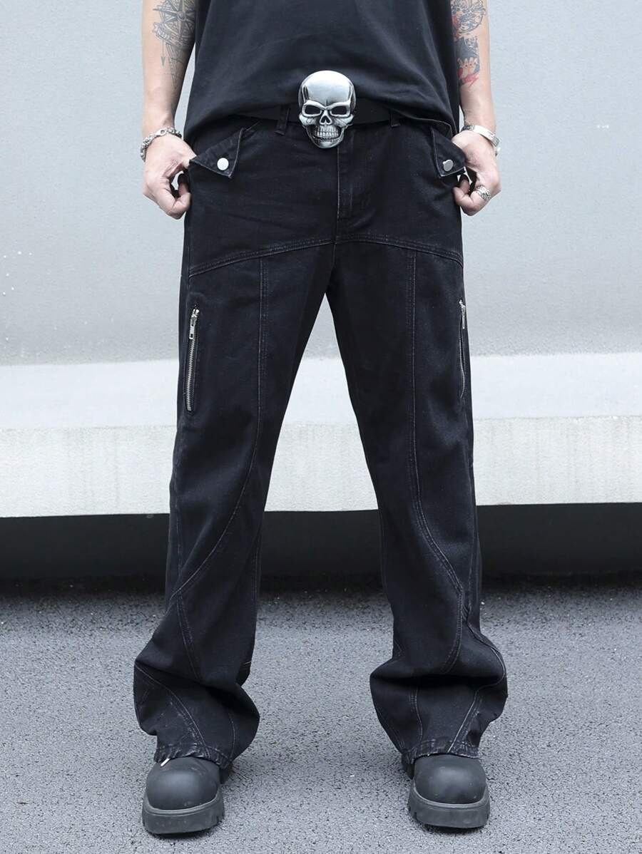 Manfinity EMRG 男士直筒宽松休闲牛仔裤，带拉链口袋 - 黑色 - 查看 1