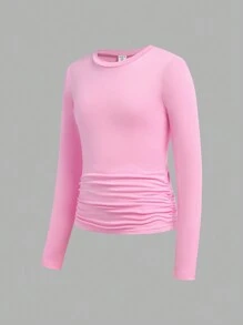 SHEIN 3pcs/Set Tween Girl Casual Ruched Waist Round Neck Short Fitted Long Sleeve T-Shirts, School, Campus, College Chic Outfits For Autumn/Winter - Multicolor - View 13