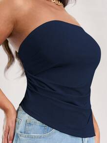 SHEIN BAE Plus Size Nữ Ống Top Màu Be Co Giãn Dệt Kim Chặt Xù Lông Thiết Kế Bất Đối Xứng Viền Áo Tank Top - Màu xanh hải quân - Xem 5